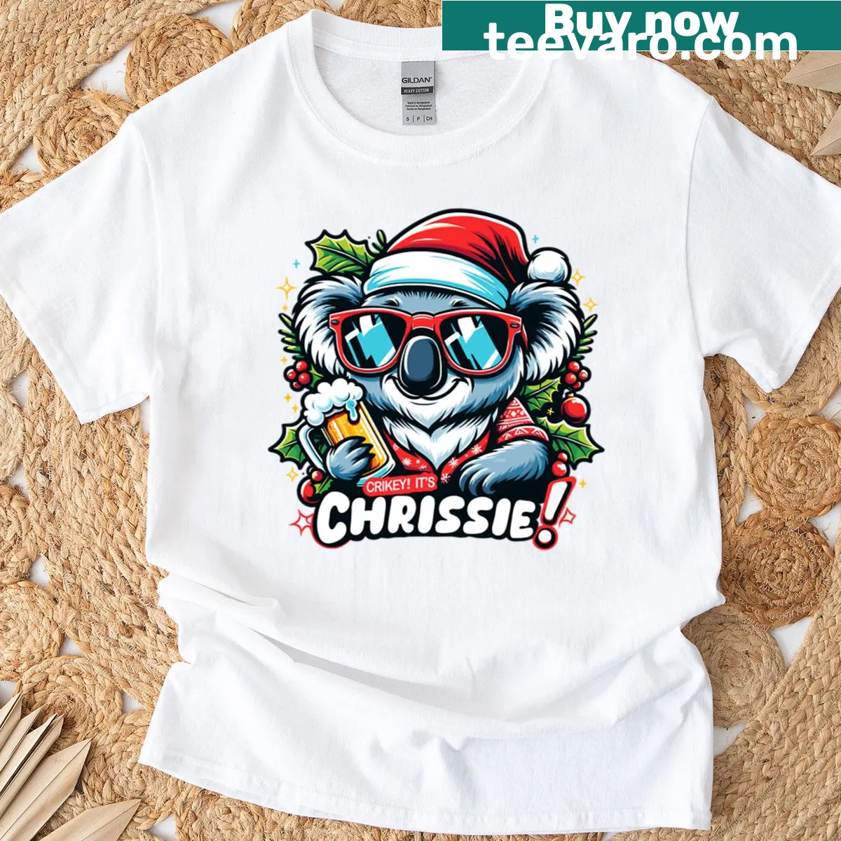 Aussie Christmas t-shirt with humorous text design. — on a men's t-shirt
