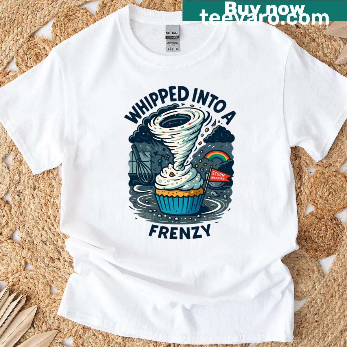 Cartoon-style cupcake tornado graphic on T-shirt — on a men's t-shirt