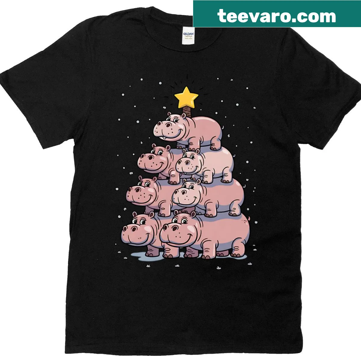 Cute baby hippo with Christmas tree illustration T-shirt — on a men's t-shirt