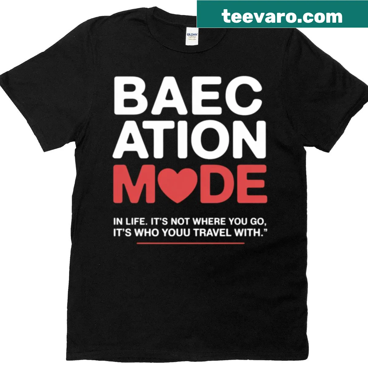 Matching vacation t-shirt for couples with 'Baecation Vibes' text — on a men's t-shirt