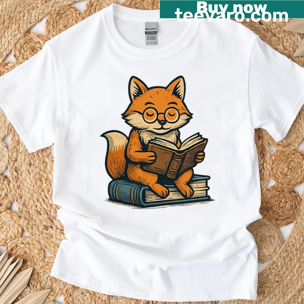 Illustration of a cozy fox surrounded by books on a t-shirt — on a men's t-shirt