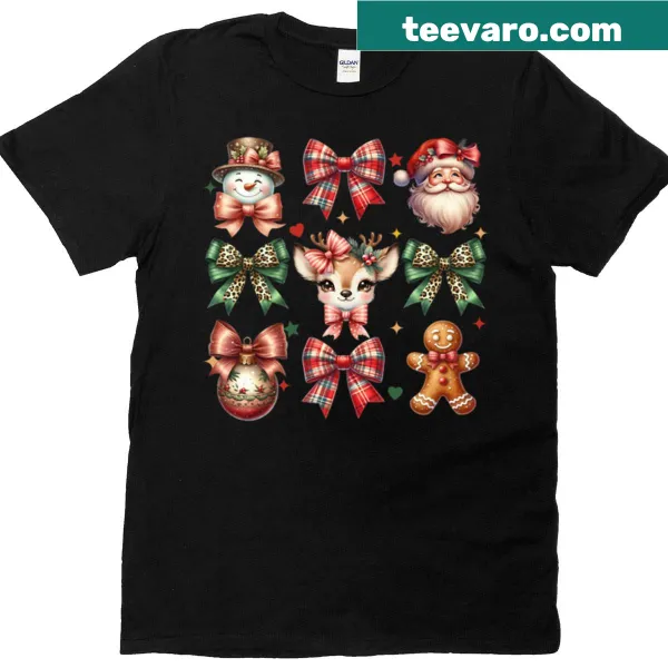 Vintage Christmas clipart t-shirt with Santa, snowman, reindeer, and holiday bows