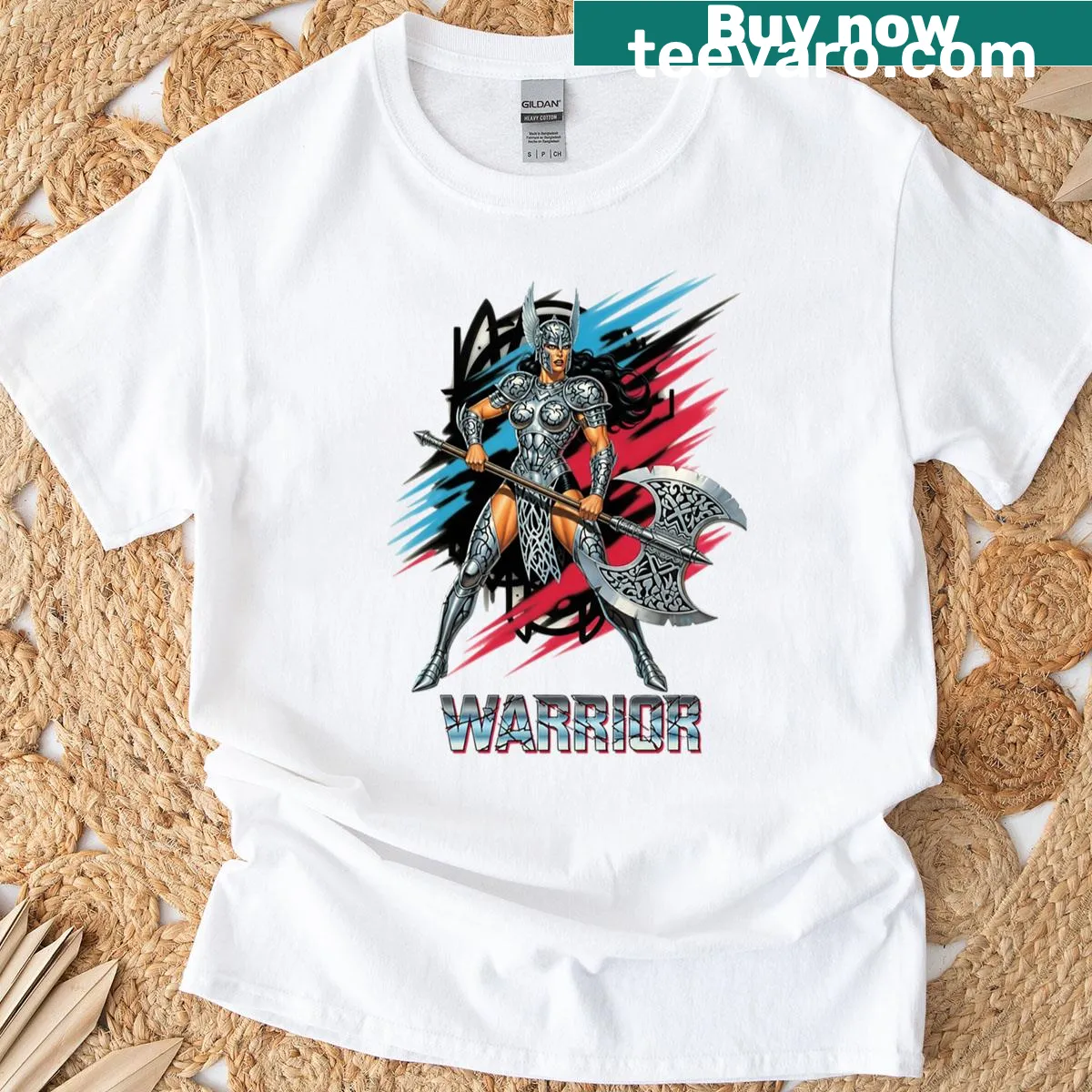 Cyberpunk Valkyrie graphic with retro metal axe in a futuristic setting — on a men's t-shirt