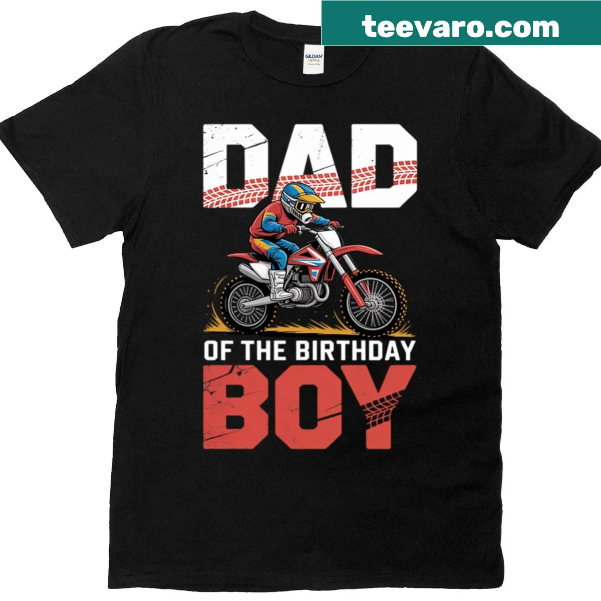 Birthday T-shirt for dad featuring dirt bike graphics. — on a men's t-shirt