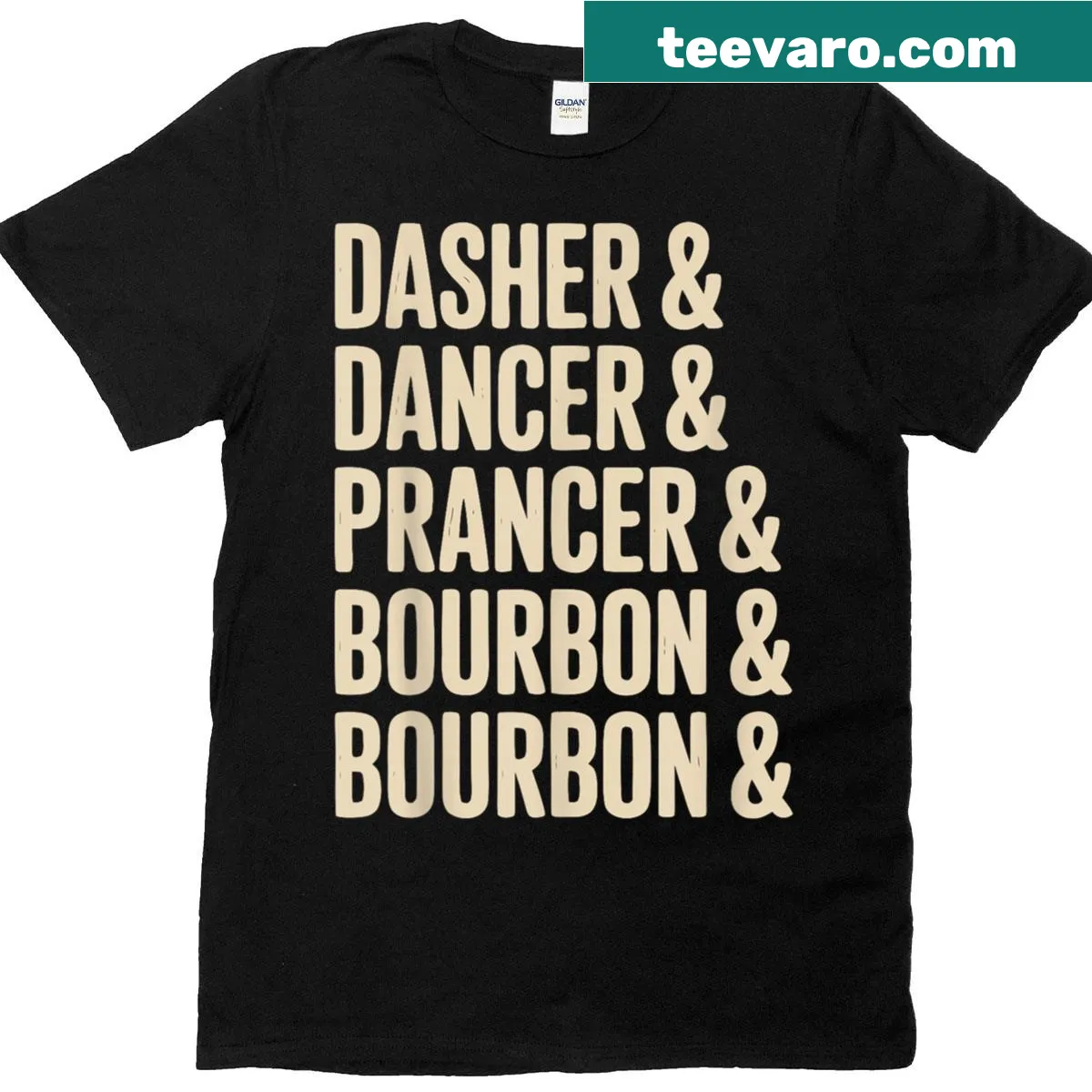 Funny Christmas reindeer t-shirt with 'Dasher Dancer Prancer And Bourbon' text — on a men's t-shirt