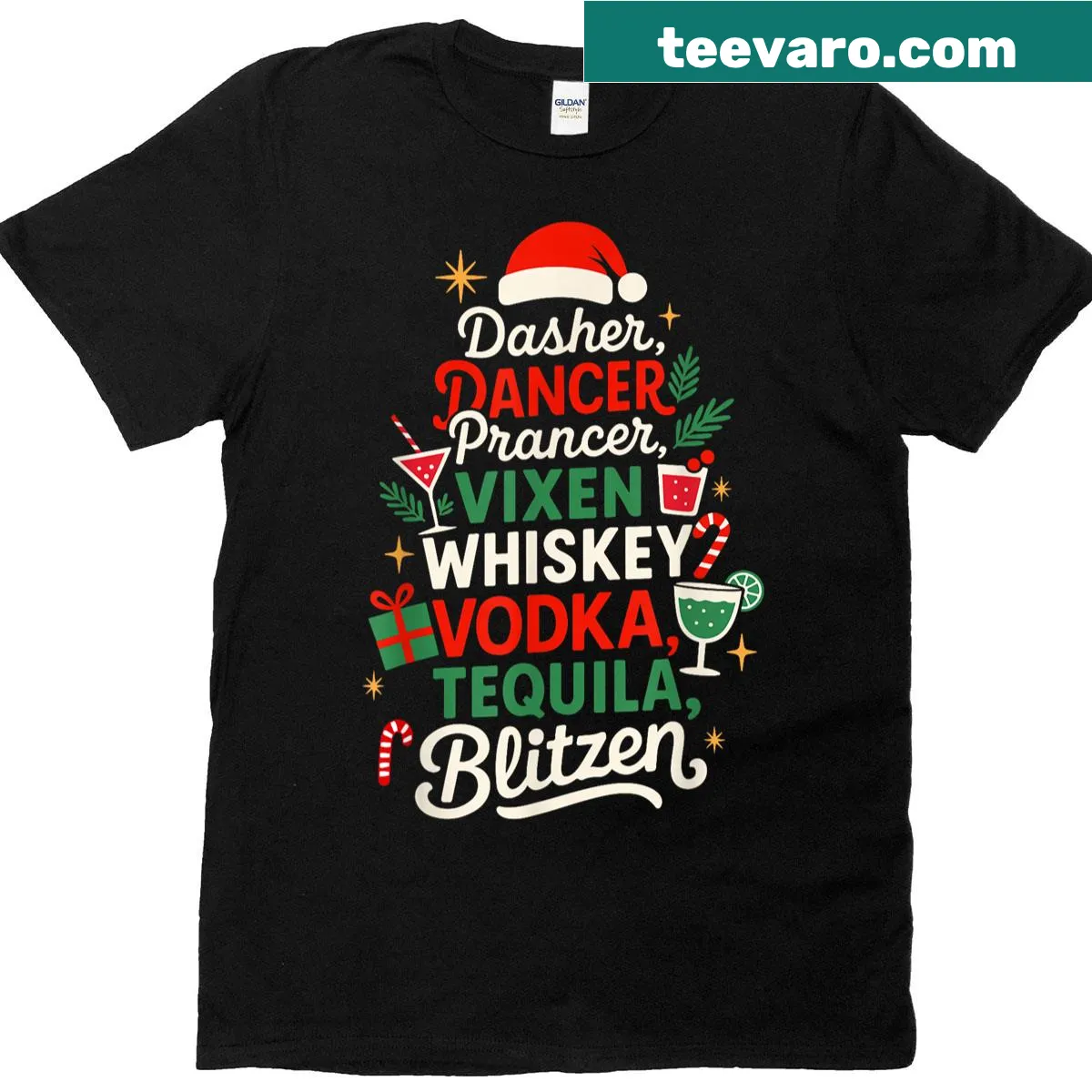 Funny T-shirt featuring reindeer names and drinks like Moscato and Vodka — on a men's t-shirt