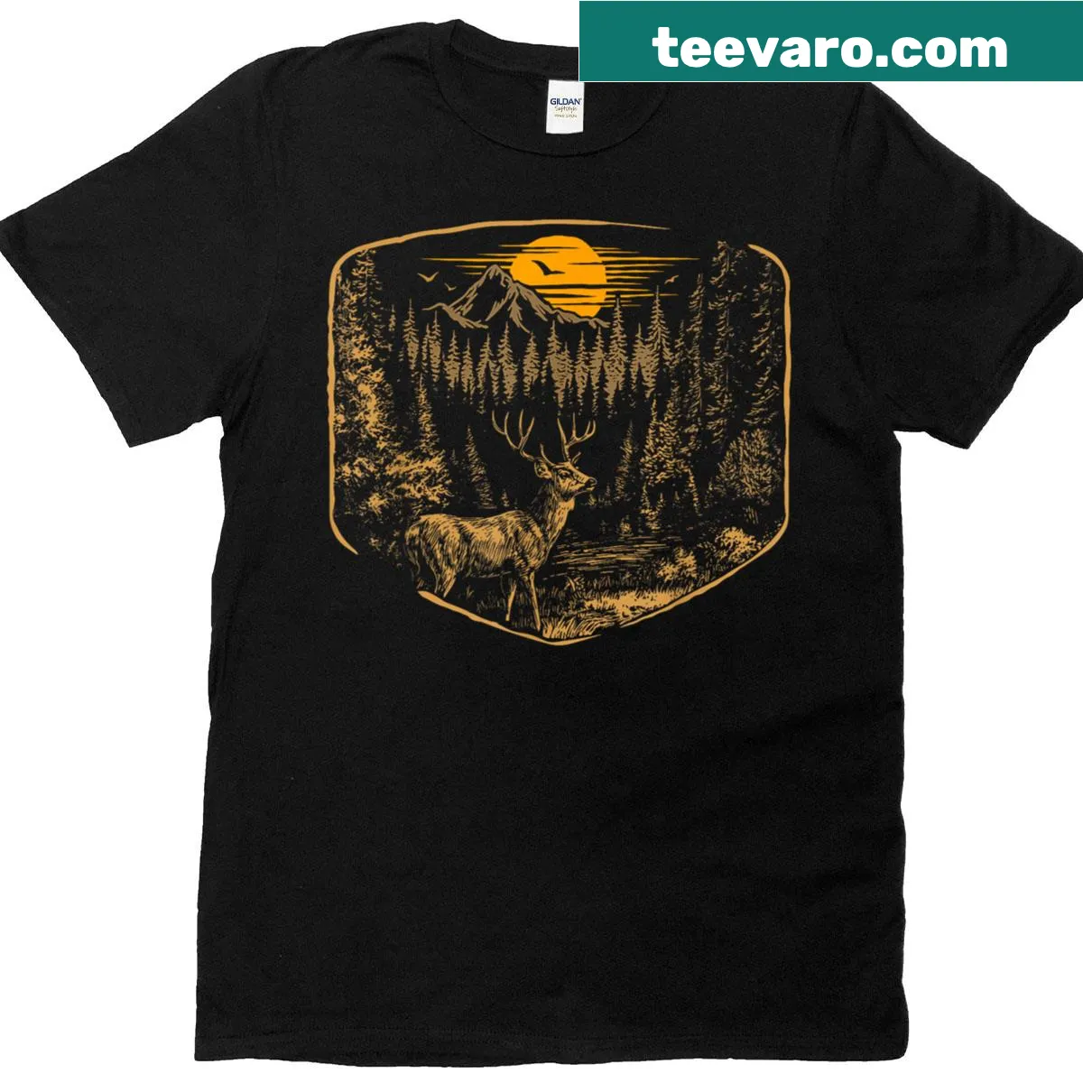 Woodcut-style badge design featuring a majestic deer. — on a men's t-shirt