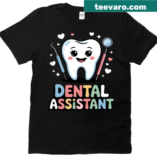 Illustrated dental tools design on a proud dental assistant T-shirt