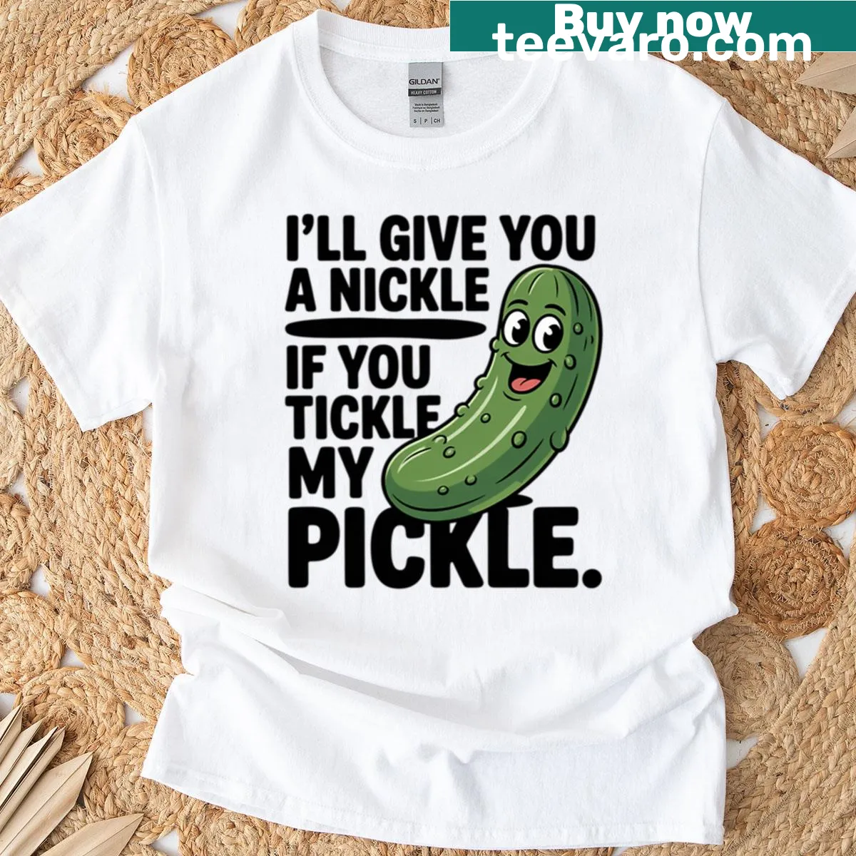 Cartoon pickle graphic with a humorous saying about pickles — on a men's t-shirt