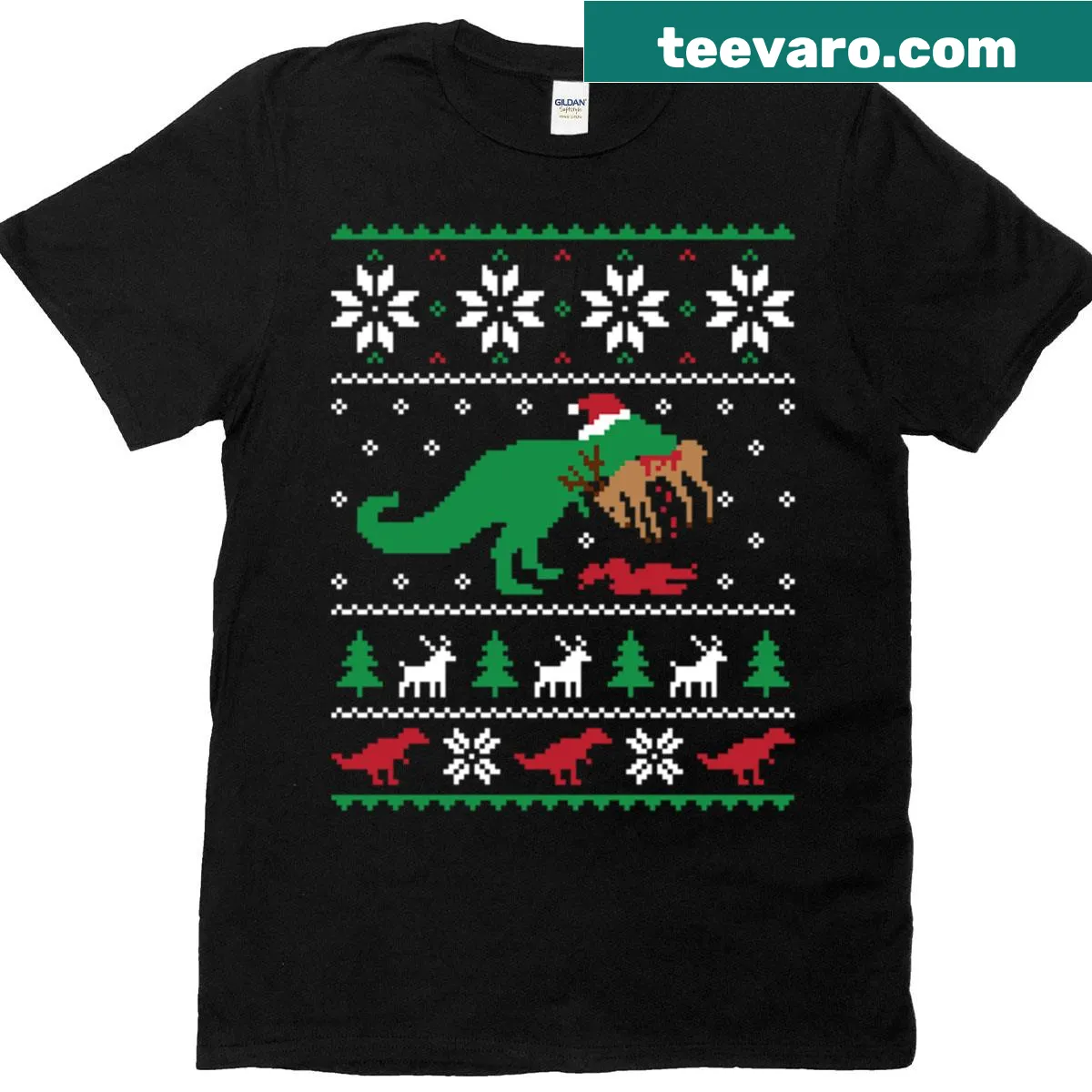 Funny dinosaur Christmas T-shirt with cartoon dinosaur in festive attire — on a men's t-shirt