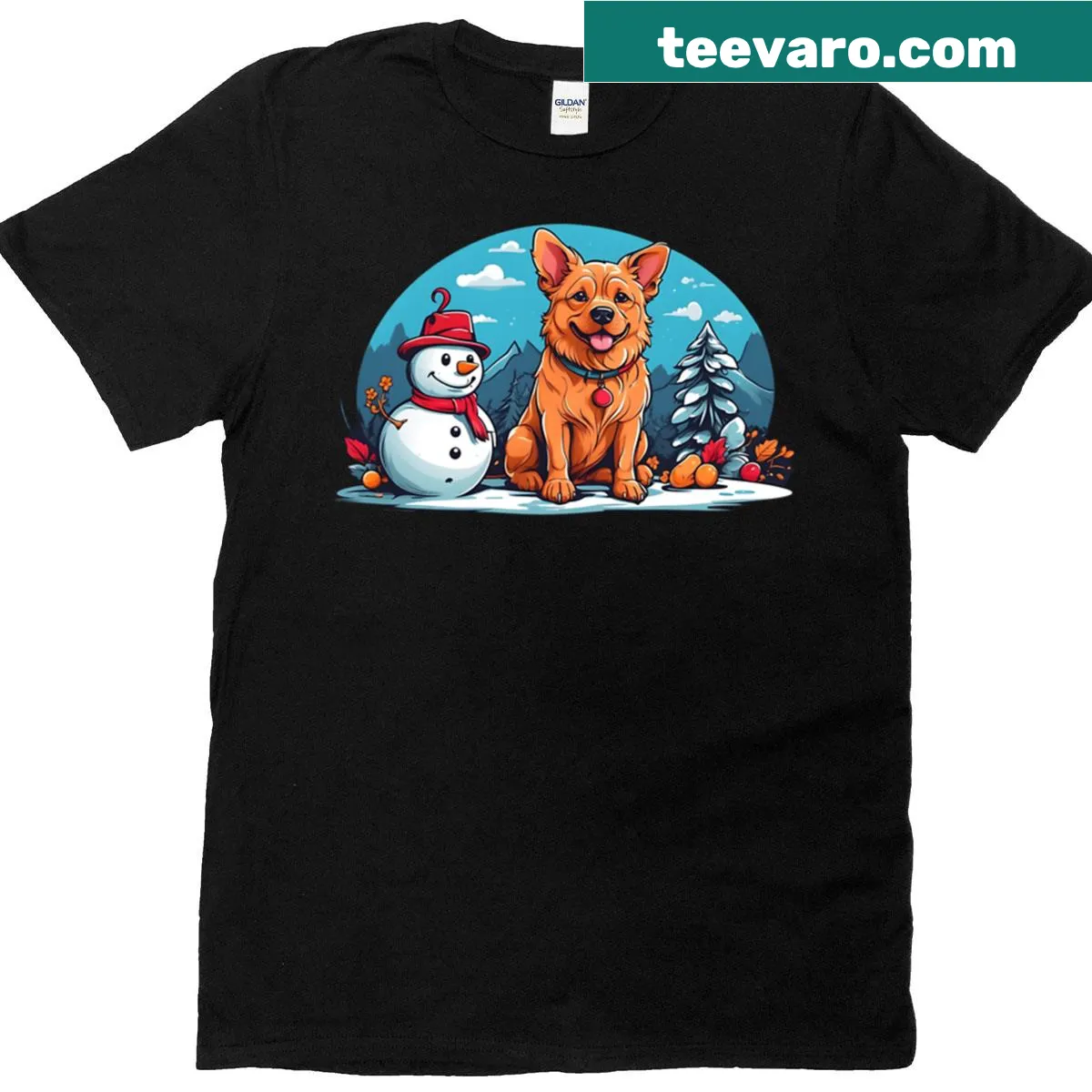 Illustration of a dog next to a snowman on T-shirt — on a men's t-shirt