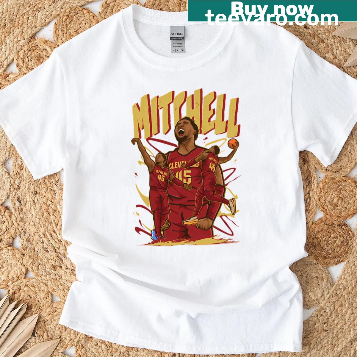 Cartoon-style Donovan Mitchell T-shirt featuring Cleveland Cavaliers graphics — on a men's t-shirt