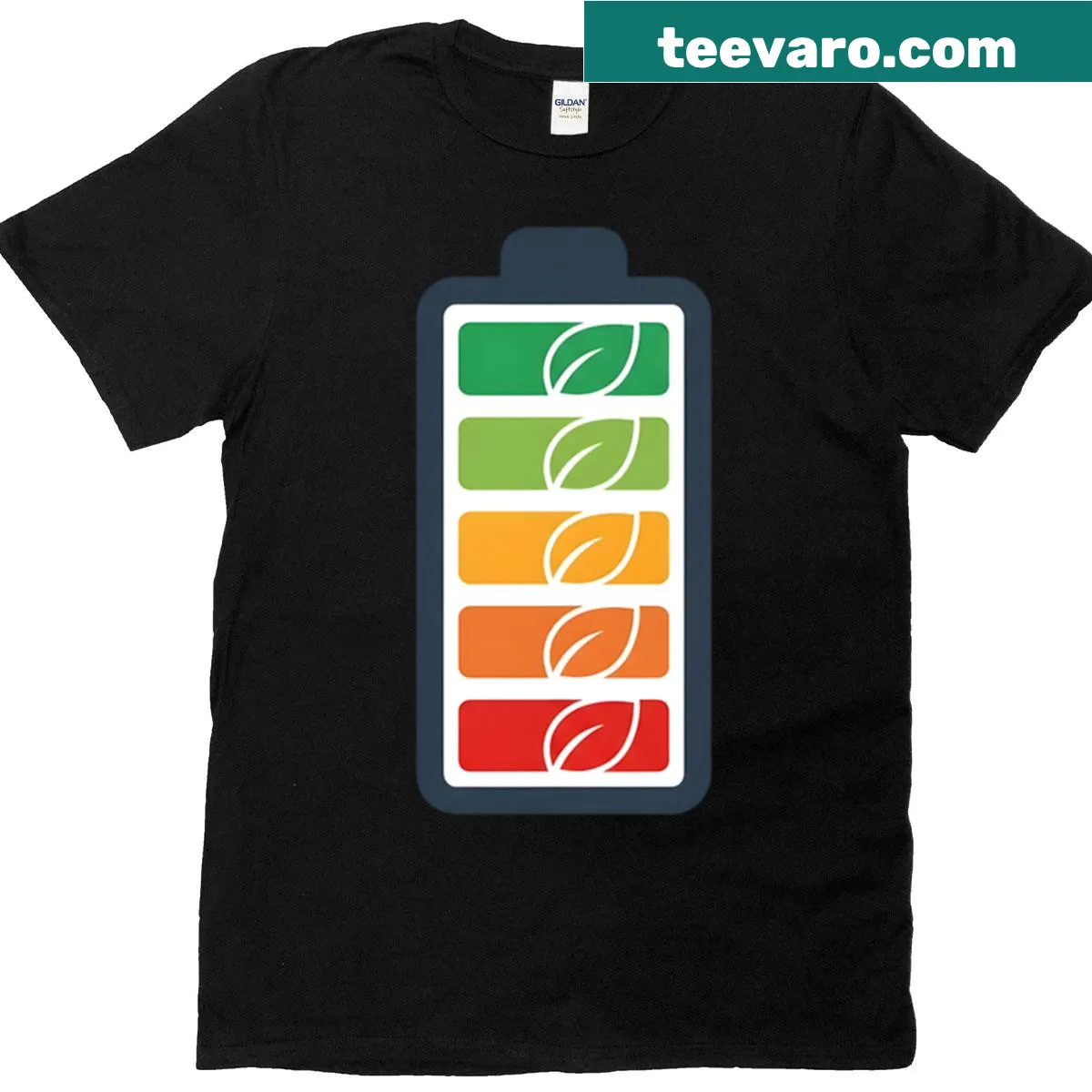 T-shirt with eco-friendly battery icon and green leaves illustration — on a men's t-shirt