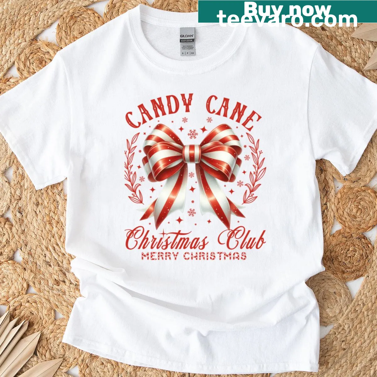 T-shirt featuring a candy cane striped bow design for Christmas — on a men's t-shirt