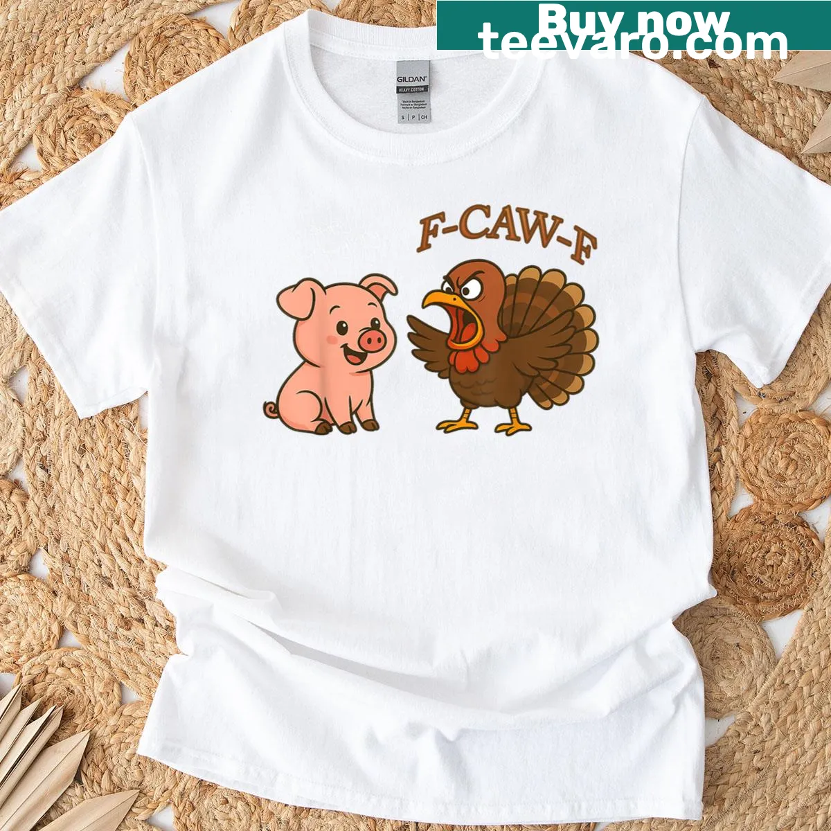 Funny Thanksgiving T-shirt featuring a cartoon pig and angry turkey — on a men's t-shirt