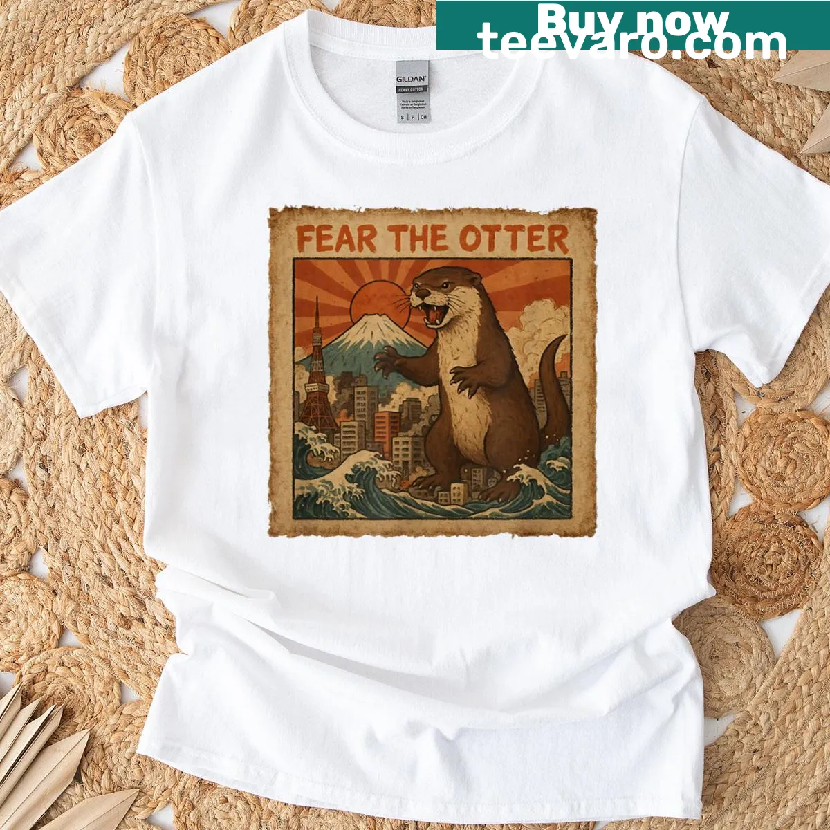Funny otter graphic t-shirt depicting an otter in Tokyo — on a men's t-shirt