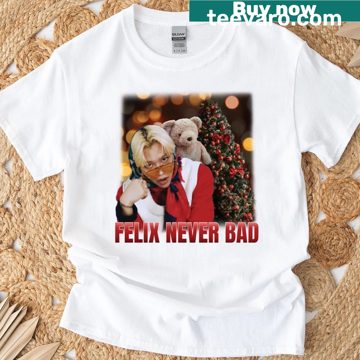 Illustration of 'Felix Never Bad' text for Stray Kids Christmas — on a men's t-shirt