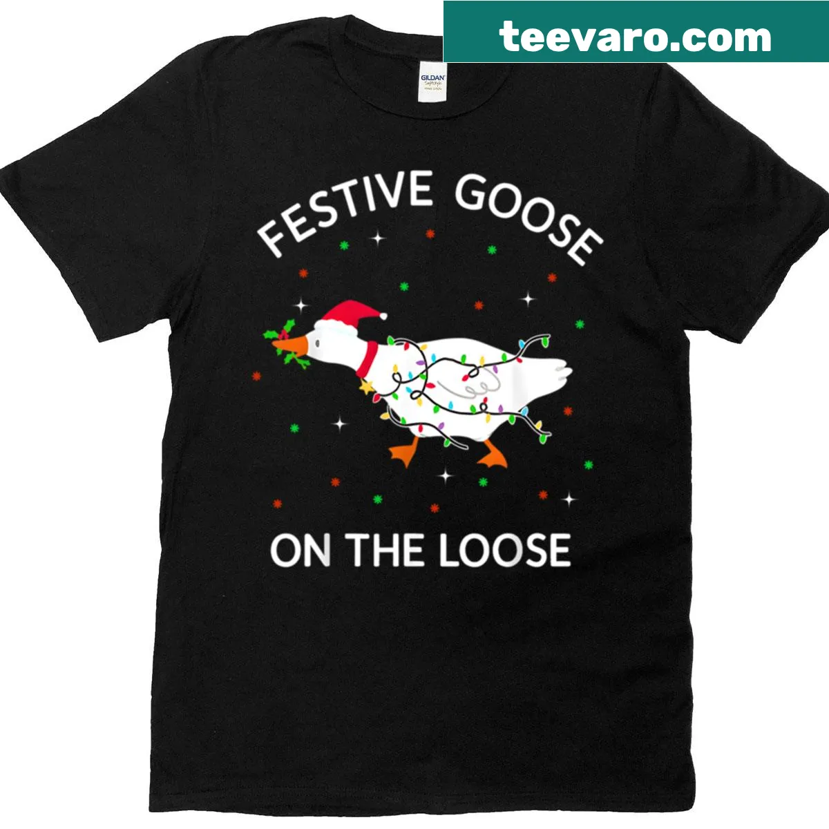 Funny Christmas T-shirt with a playful goose illustration — on a men's t-shirt