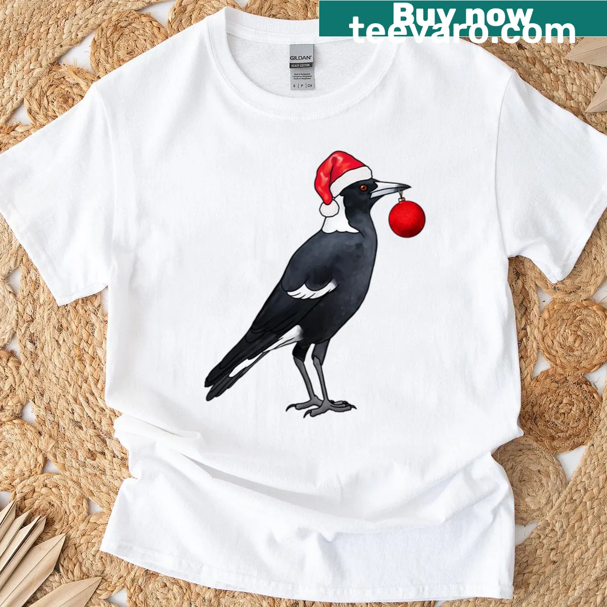 Oversized T-shirt with a festive magpie illustration — on a men's t-shirt