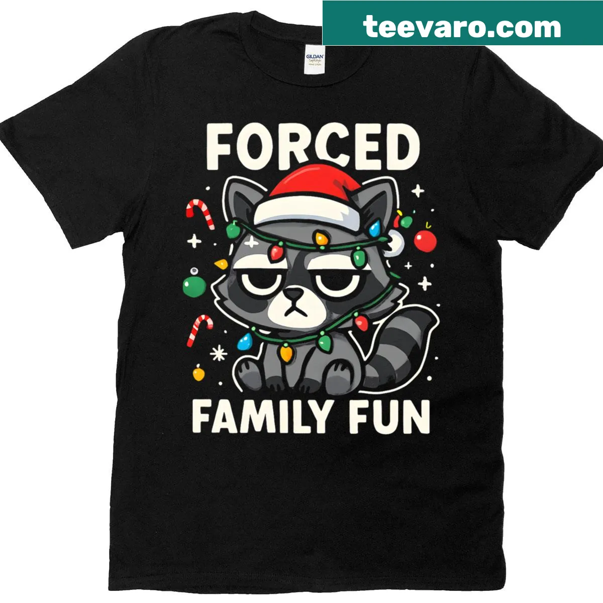 Funny Christmas t-shirt featuring a sarcastic raccoon design. — on a men's t-shirt