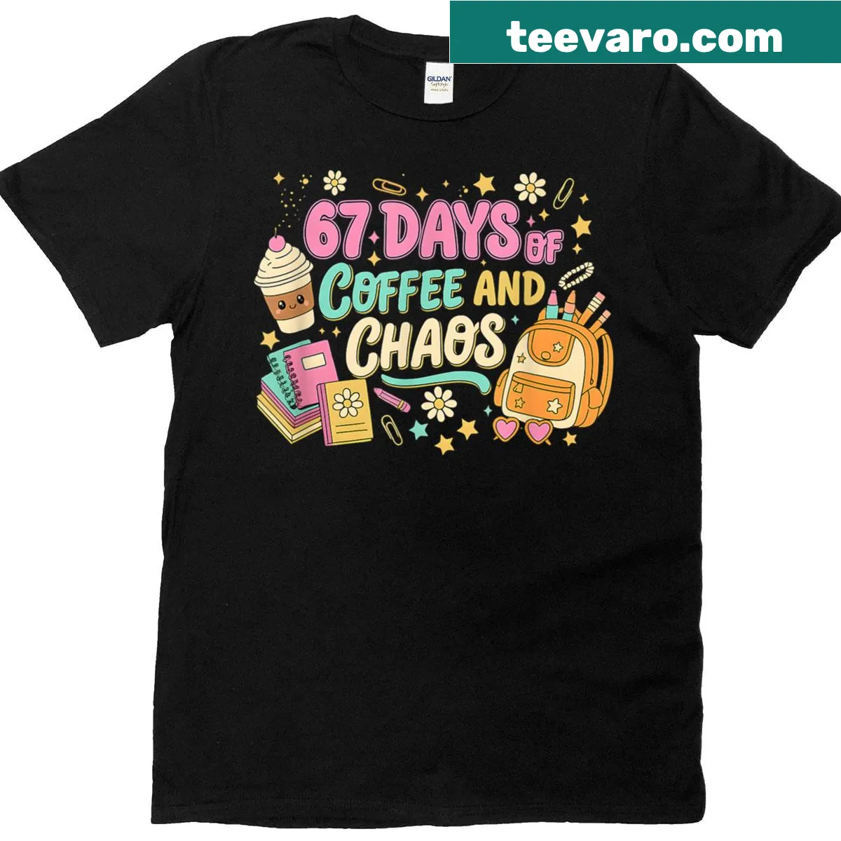 T-shirt showcasing the humorous phrase '67 Days of Coffee' for teachers. — on a men's t-shirt