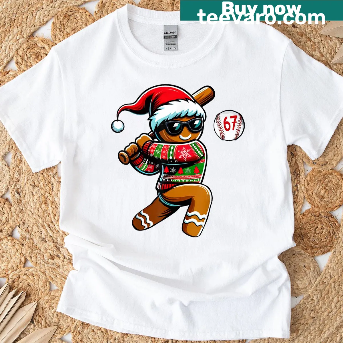 Gingerbread man playing baseball design for a Christmas tee — on a men's t-shirt