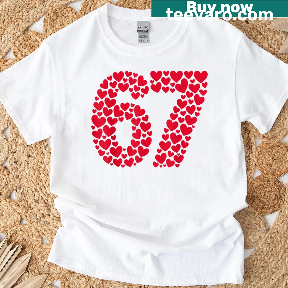 Funny Valentine's Day t-shirt with '67 meme' text — on a men's t-shirt