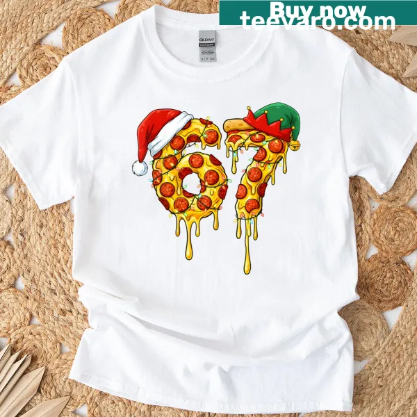 Christmas-themed pizza drip meme t-shirt with festive graphics.