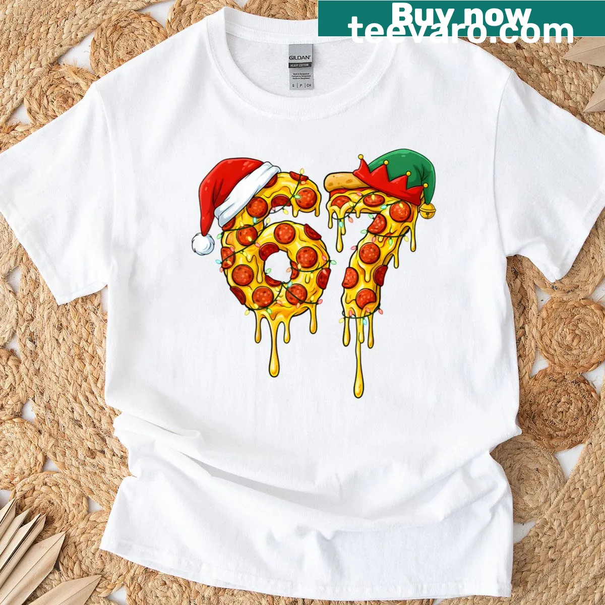 Christmas-themed pizza drip meme t-shirt with festive graphics. — on a men's t-shirt