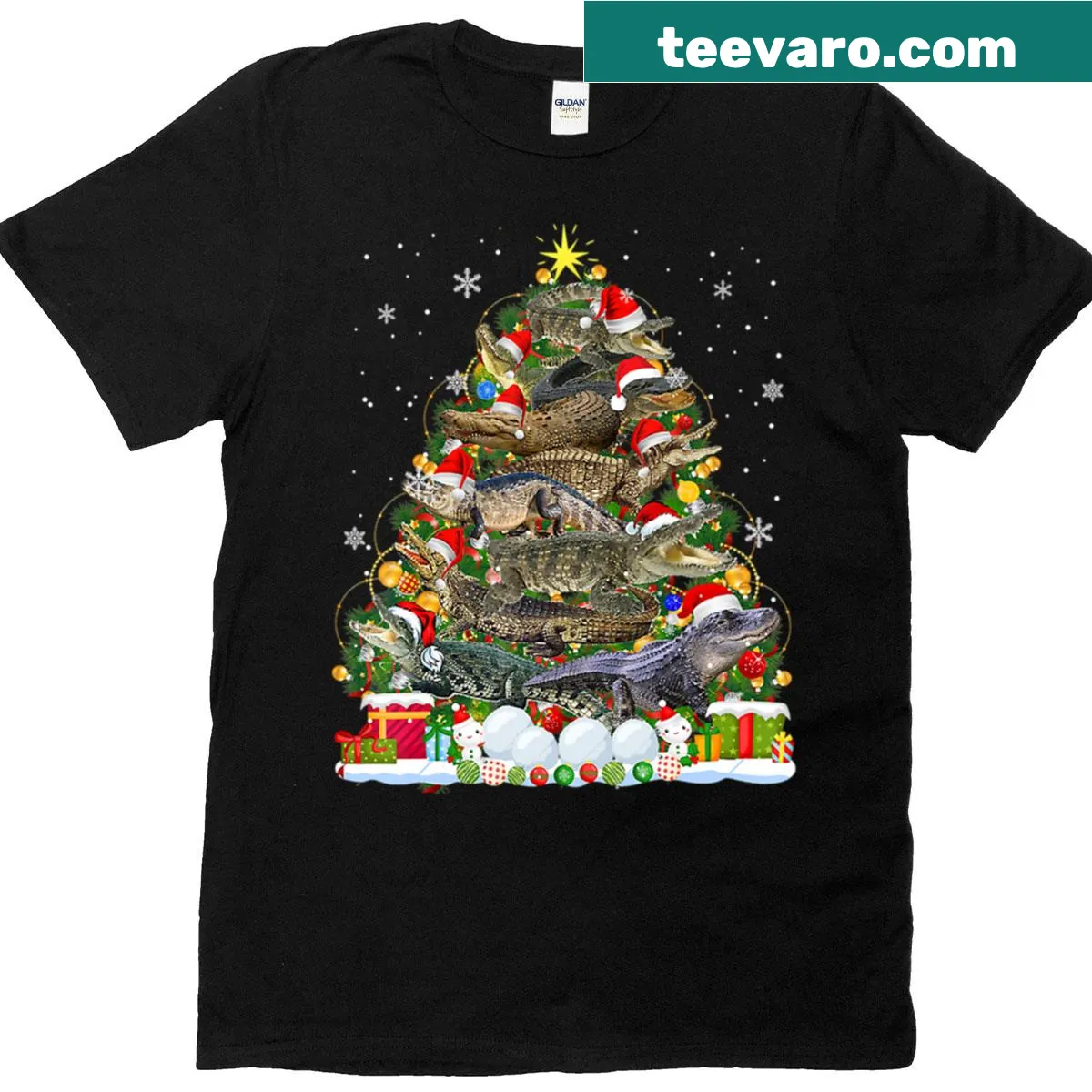 Funny alligator-themed Christmas tree T-shirt — on a men's t-shirt