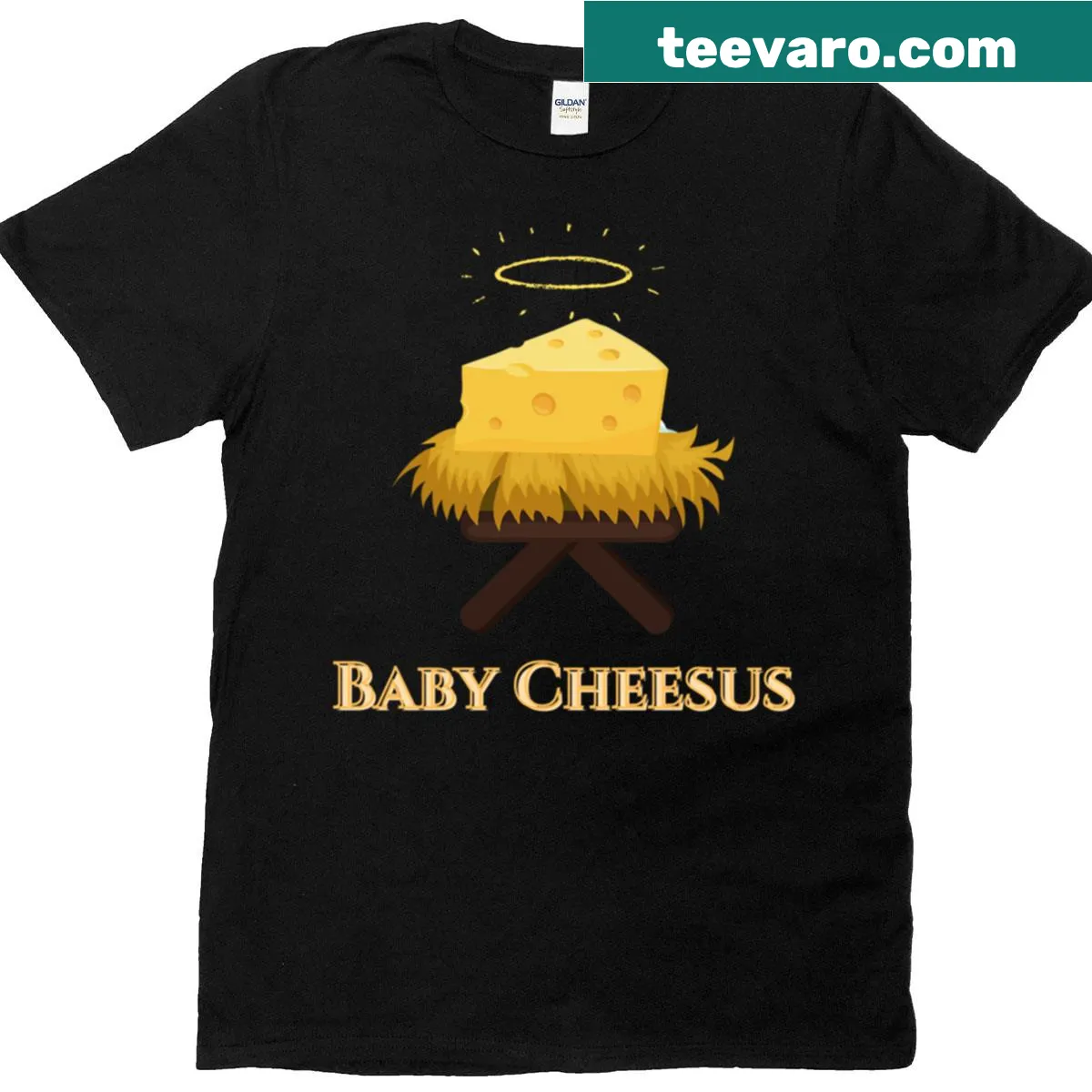 Humorous Baby Cheesus Christmas graphic T-shirt — on a men's t-shirt