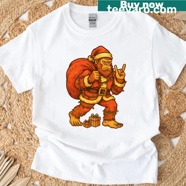 Funny Christmas t-shirt with Bigfoot Santa and festive lights