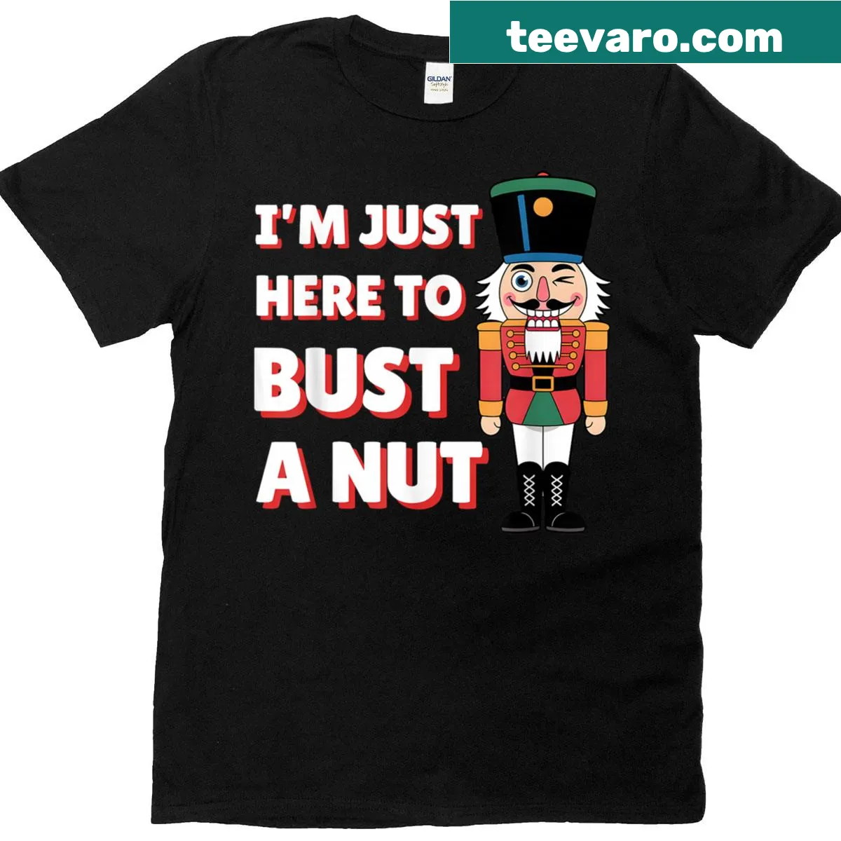 Funny Christmas t-shirt featuring a nutcracker with Bust A Nut phrase — on a men's t-shirt