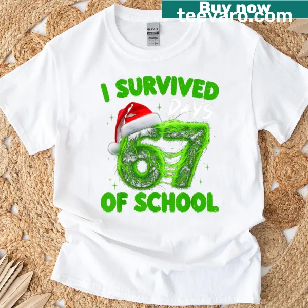 Funny text 'I Survived 67 Days Of School' on a kids' holiday shirt