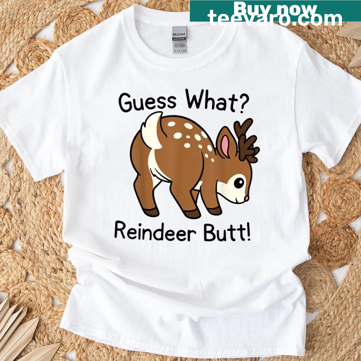 Funny kids t-shirt with 'Guess What Reindeer Butt' text — on a men's t-shirt