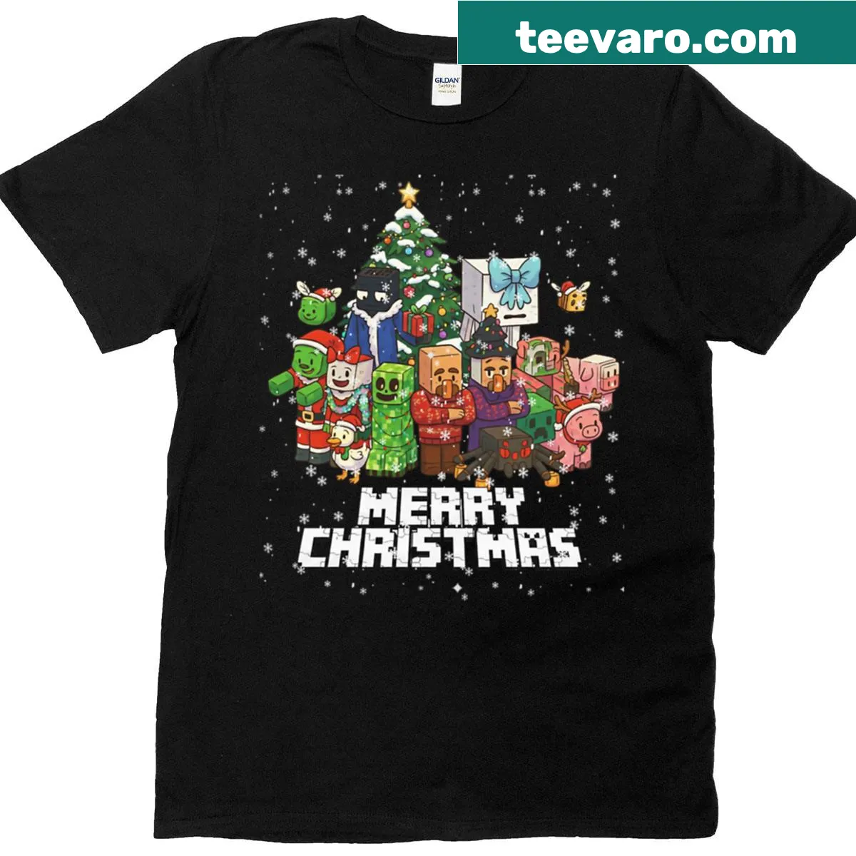 Minecraft-themed Christmas T-shirt with festive graphic — on a men's t-shirt