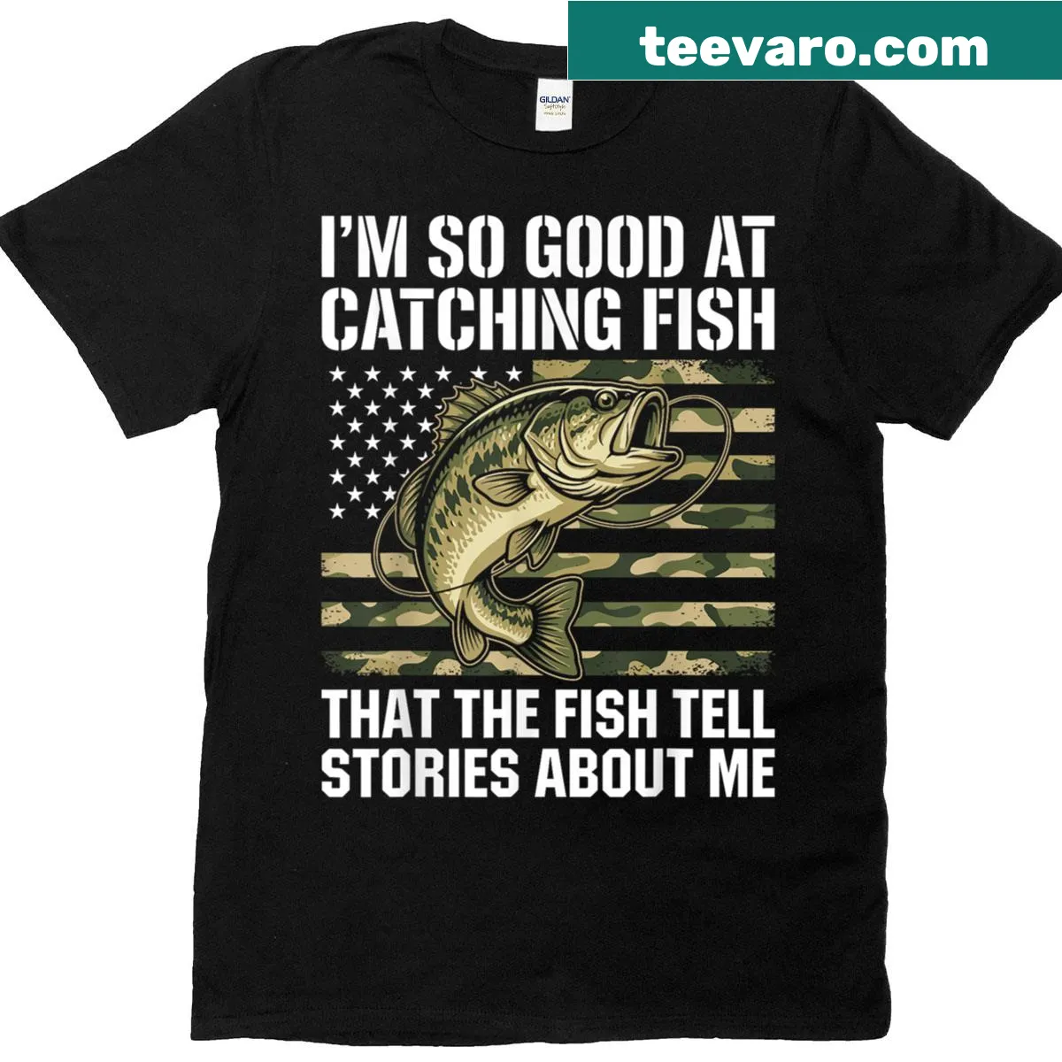 Patriotic fishing t-shirt featuring humorous bass catching illustration — on a men's t-shirt