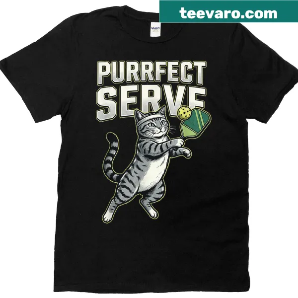 Cartoon T-shirt with a kitten playing pickleball