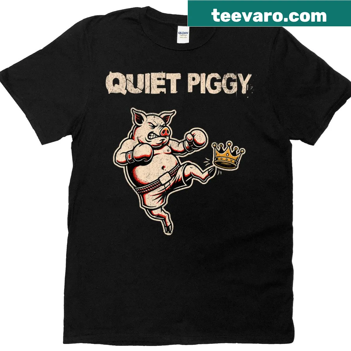 Cartoon dancing pig with a crown on a funny T-shirt — on a men's t-shirt