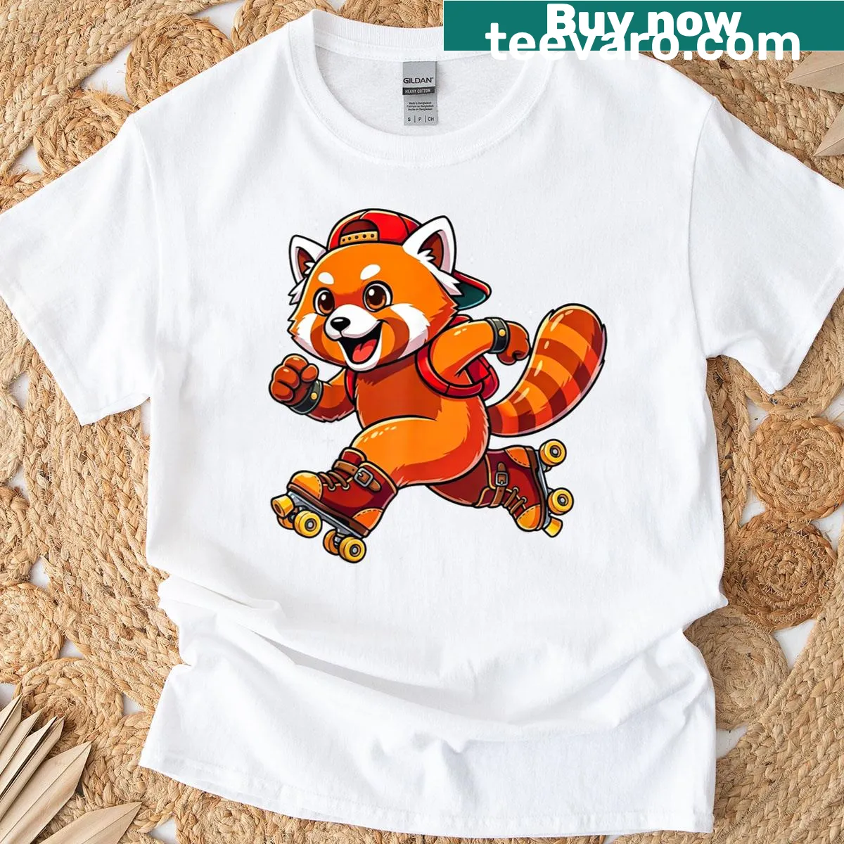 Graphic t-shirt showcasing a red panda on roller skates — on a men's t-shirt