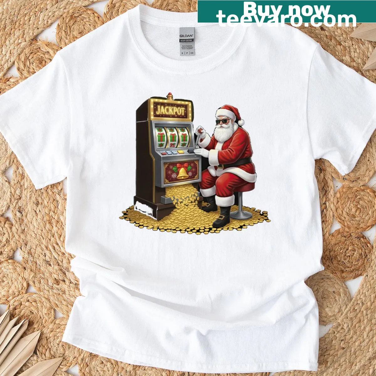 Humorous Santa playing slots graphic for Christmas t-shirt — on a men's t-shirt
