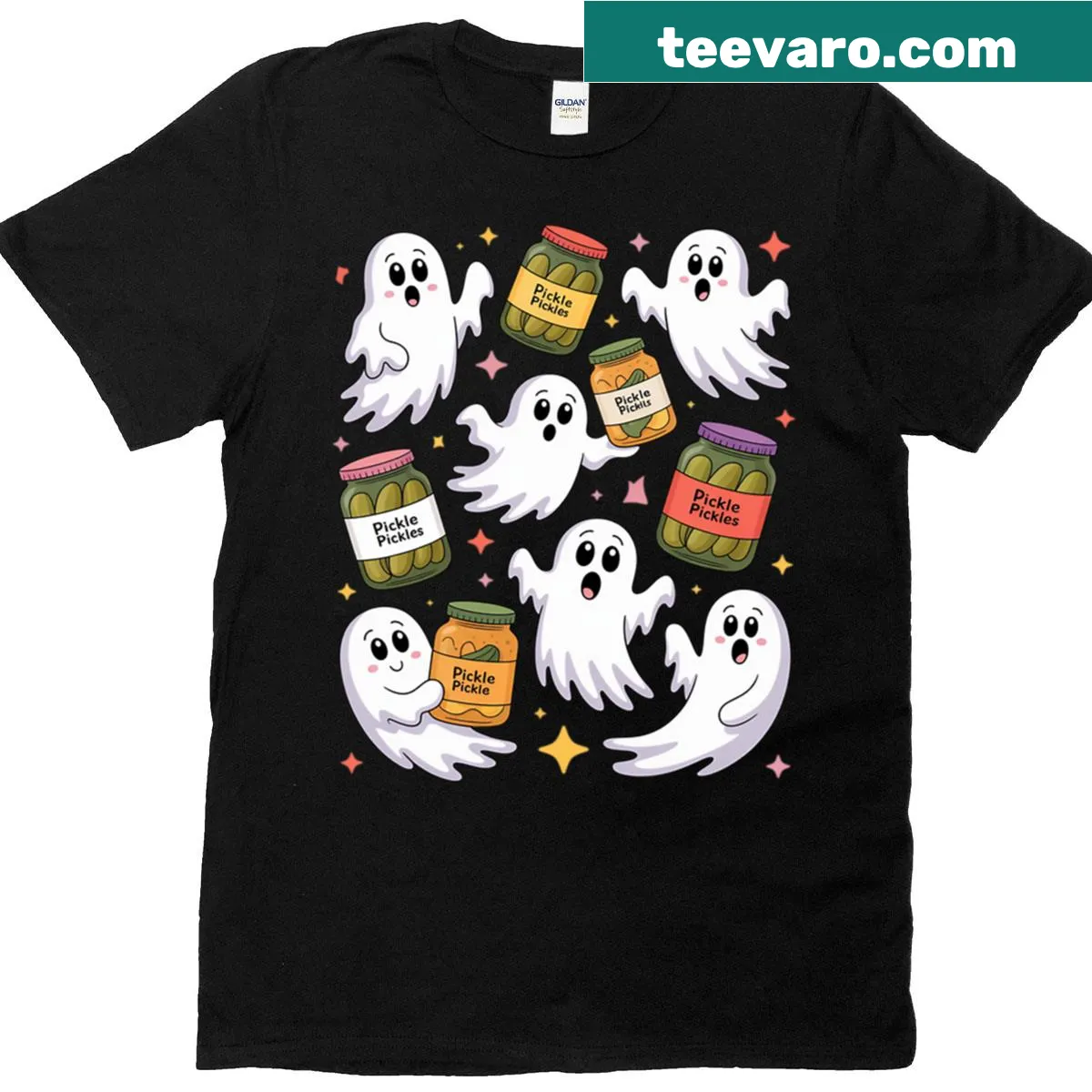 Cute ghost next to a jar of canned pickles illustration — on a men's t-shirt