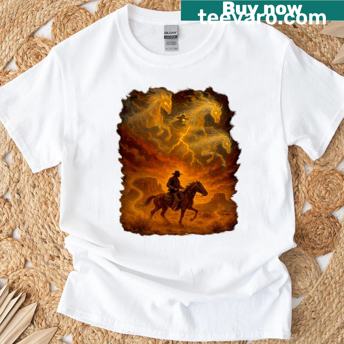 T-shirt with ghost horses and sky cowboys illustration — on a men's t-shirt