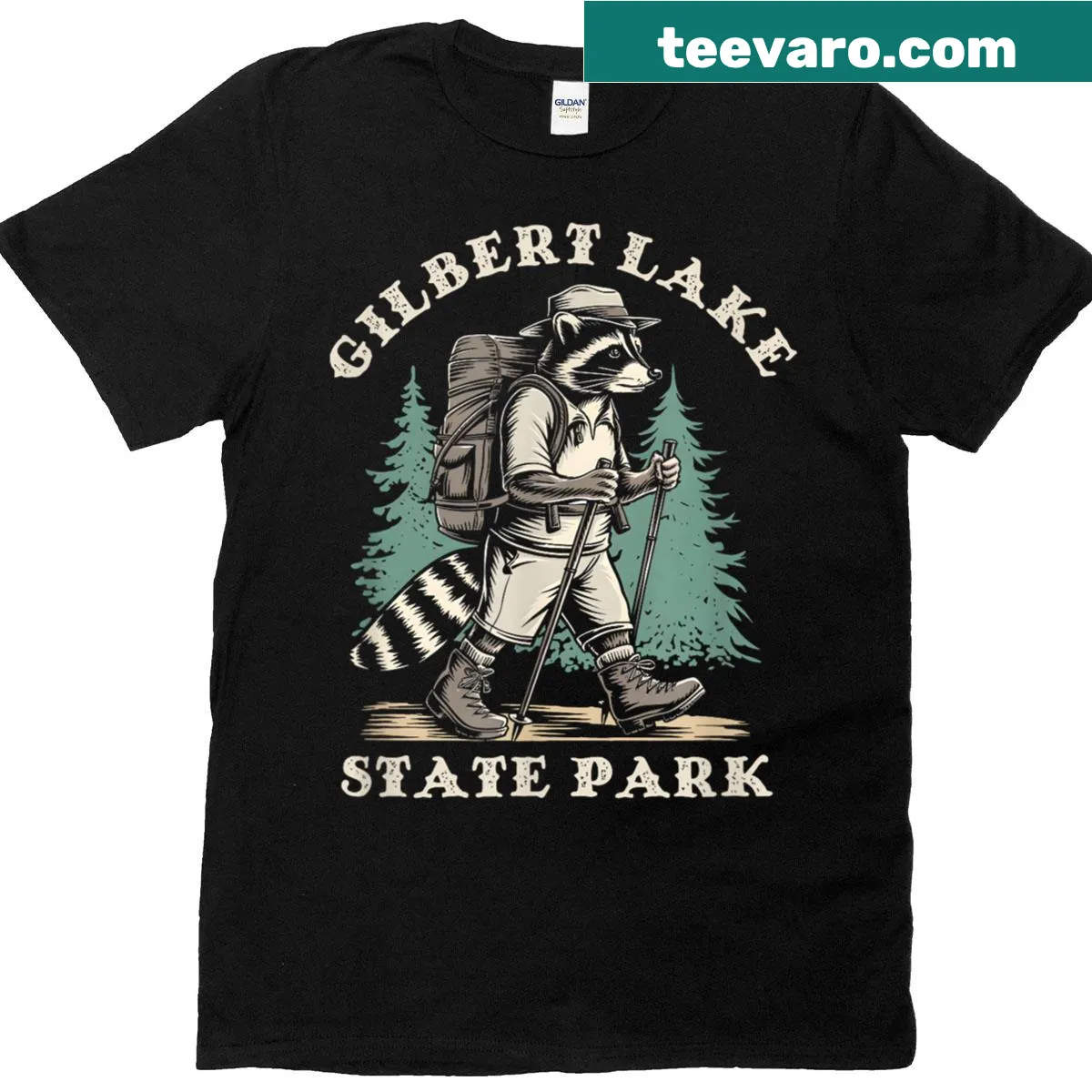 Illustration of a raccoon in nature representing Gilbert Lake State Park — on a men's t-shirt