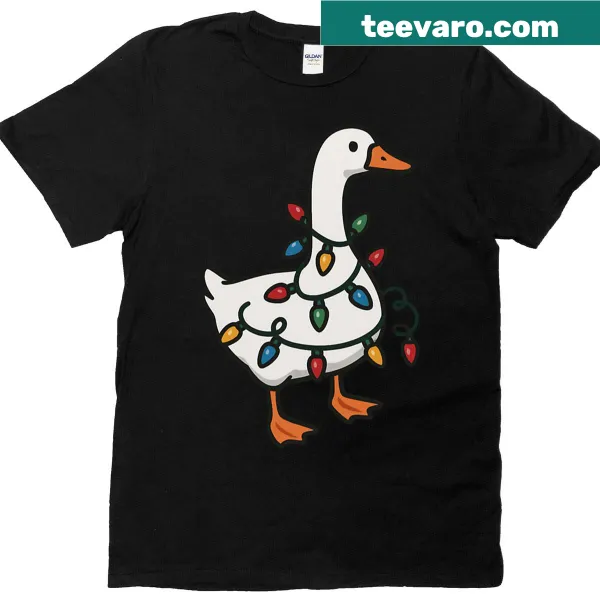 Cartoon goose with Christmas lights on a festive t-shirt