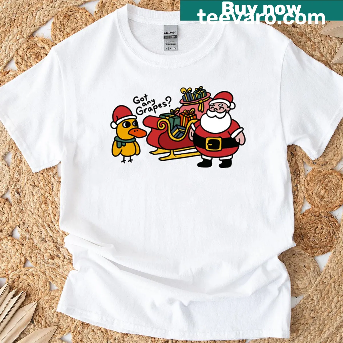 Cartoon duck asking for grapes on a humorous T-shirt — on a men's t-shirt