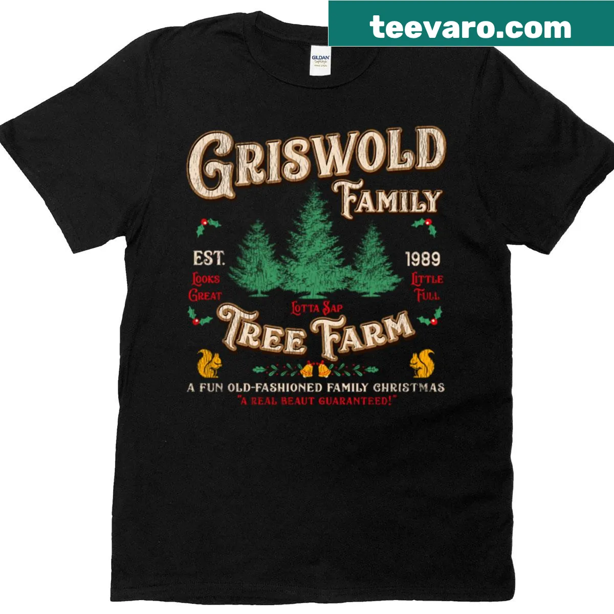 Vintage distressed T-shirt with Griswold Family Tree Farm design — on a men's t-shirt