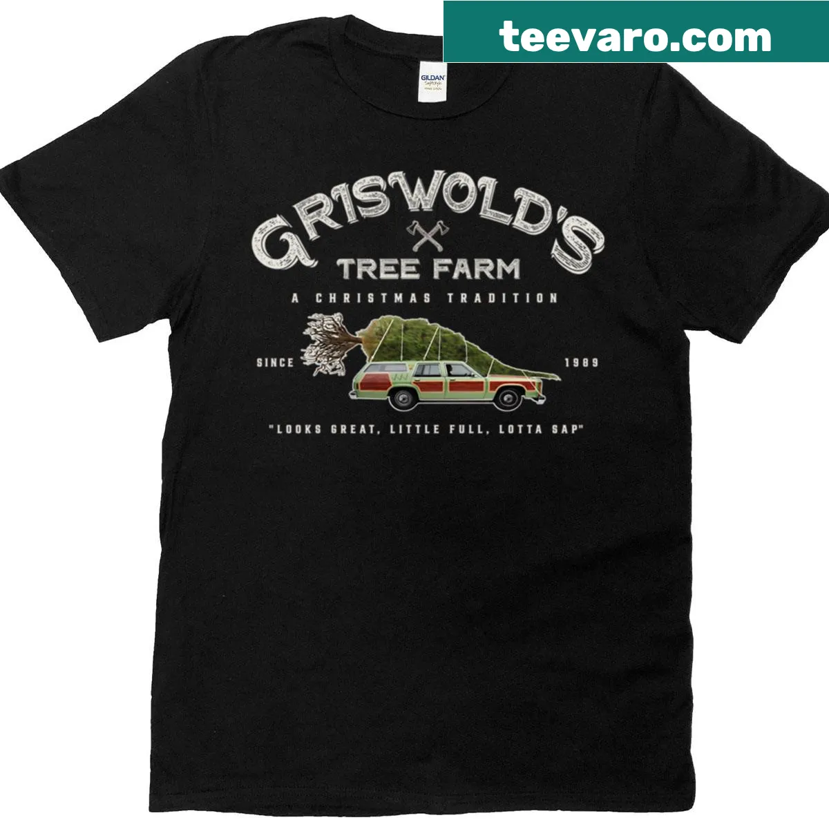 Vintage-inspired Griswold's Tree Farm t-shirt design — on a men's t-shirt