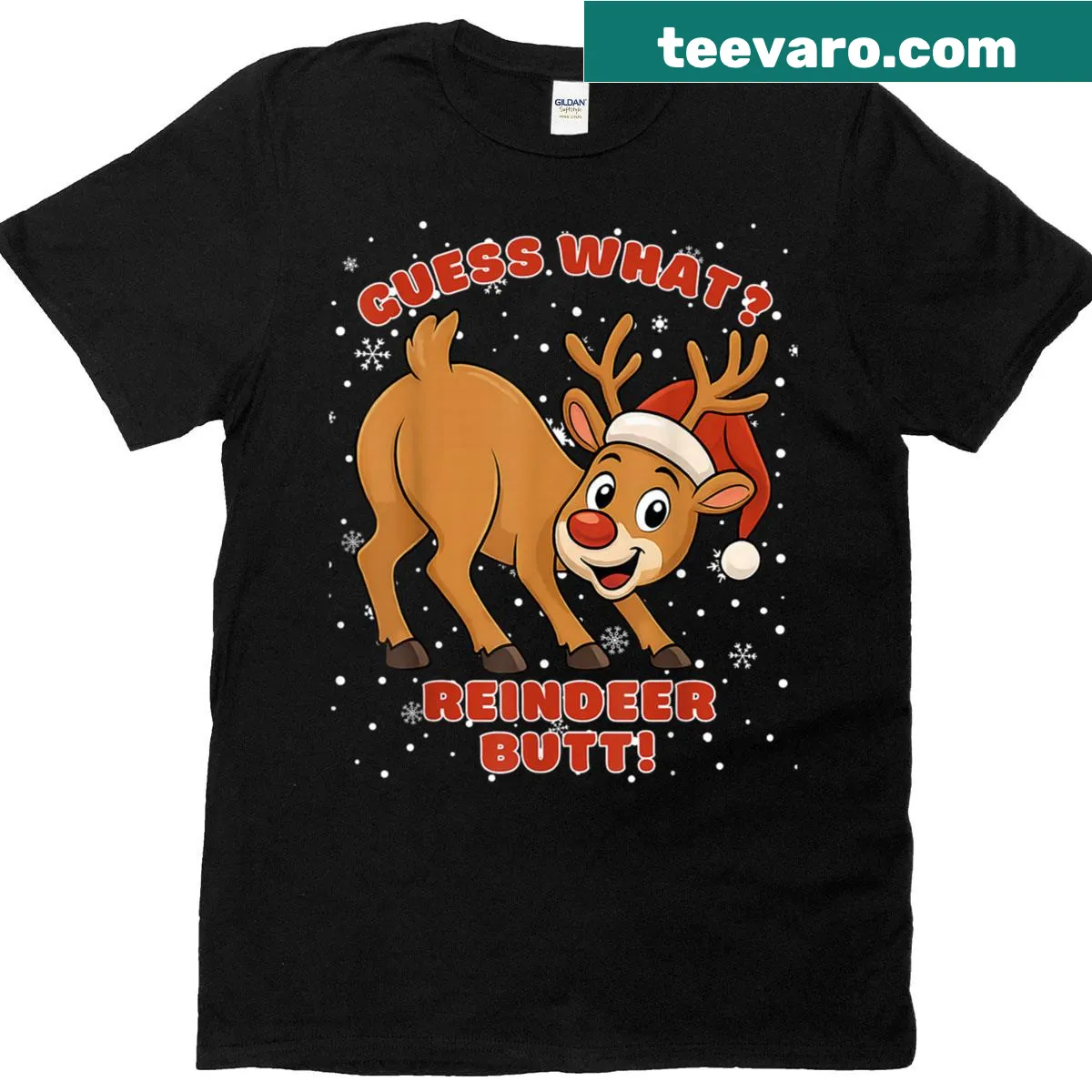 Funny Christmas T-shirt featuring a reindeer and humorous joke — on a men's t-shirt
