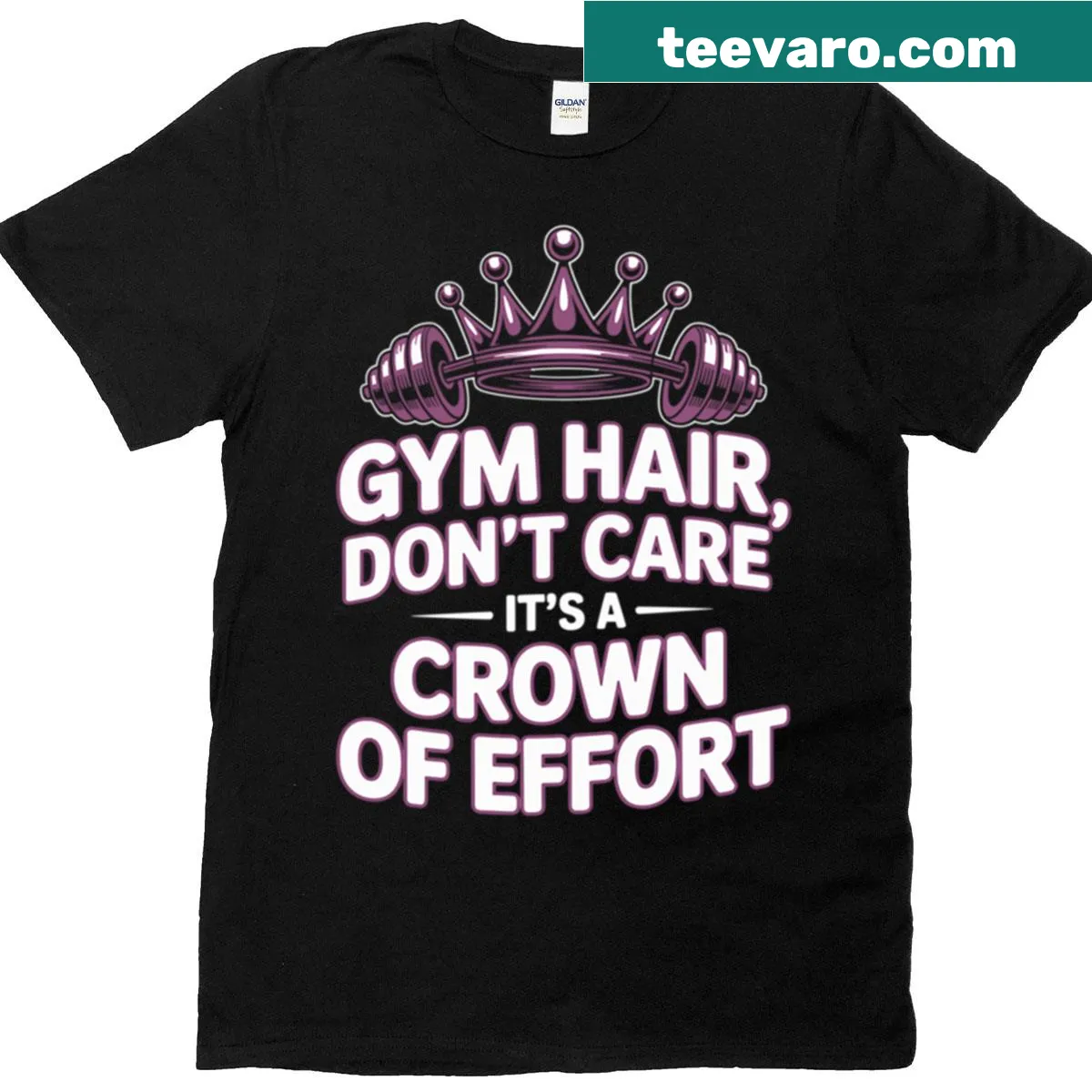Playful Gym Hair Don't Care T-shirt with crown graphic for fitness lovers — on a men's t-shirt